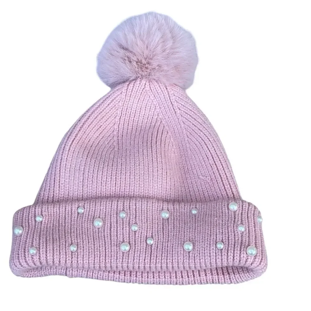 Zara Kids light pink beanie hat pompom faux pearls